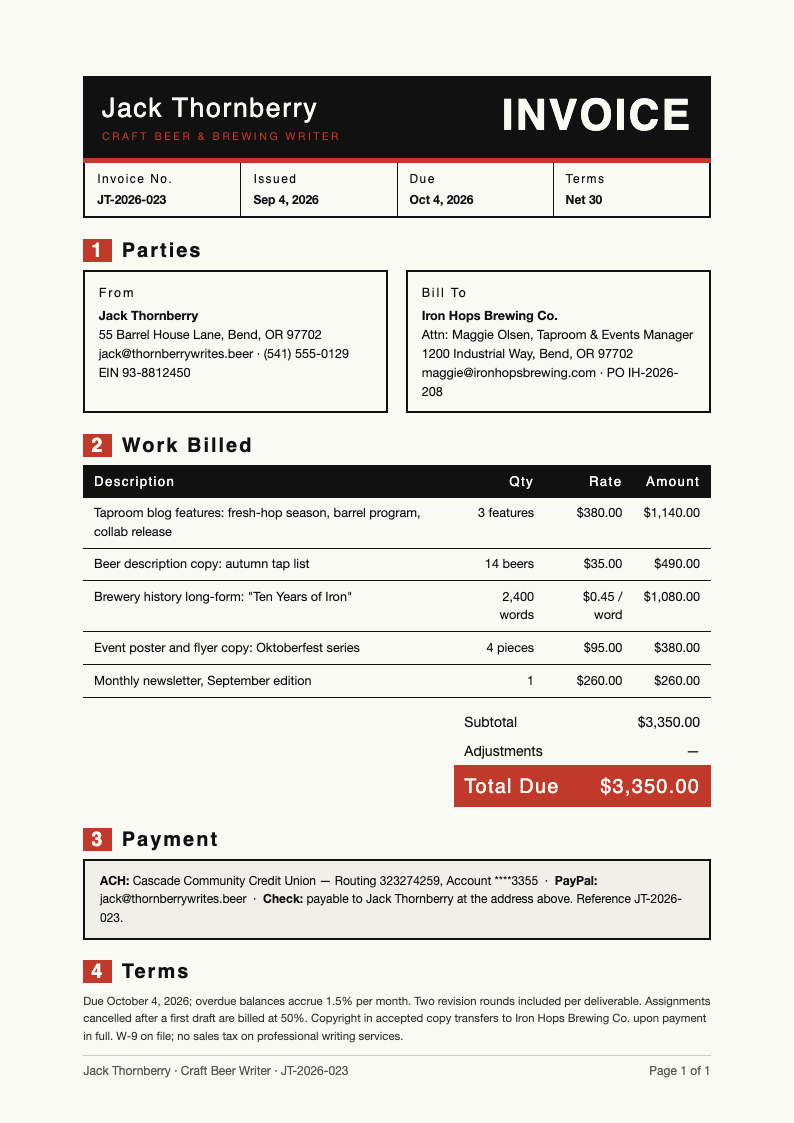 Linocut print freelance writer invoice
